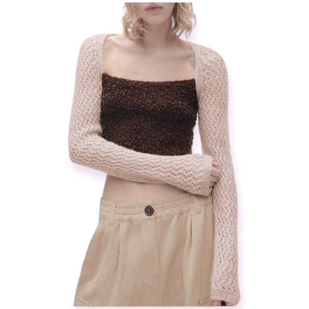NEW Zara Contrast Crochet Knit Wool Blend Long Sleeve Crop Top Size S